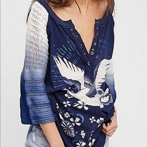 Free People Blue Tranquility Crochet Sleeve Henley with Eagle Graphic
